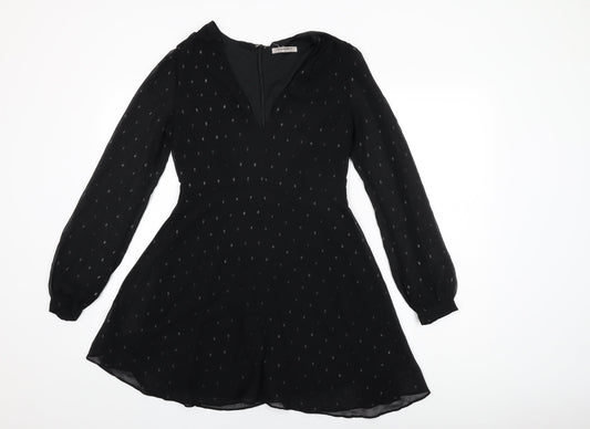 Glamorous Womens Black Polka Dot Polyester Skater Dress Size 10 V-Neck Zip