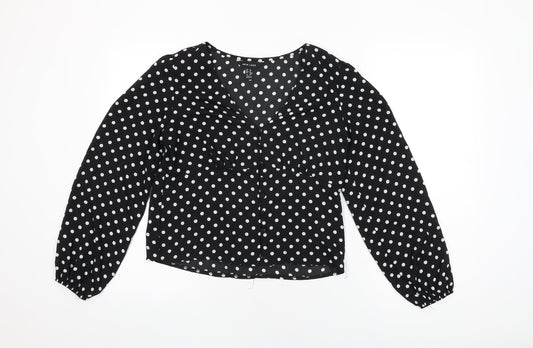 New Look Womens Black Polka Dot Polyester Basic Button-Up Size 8 V-Neck