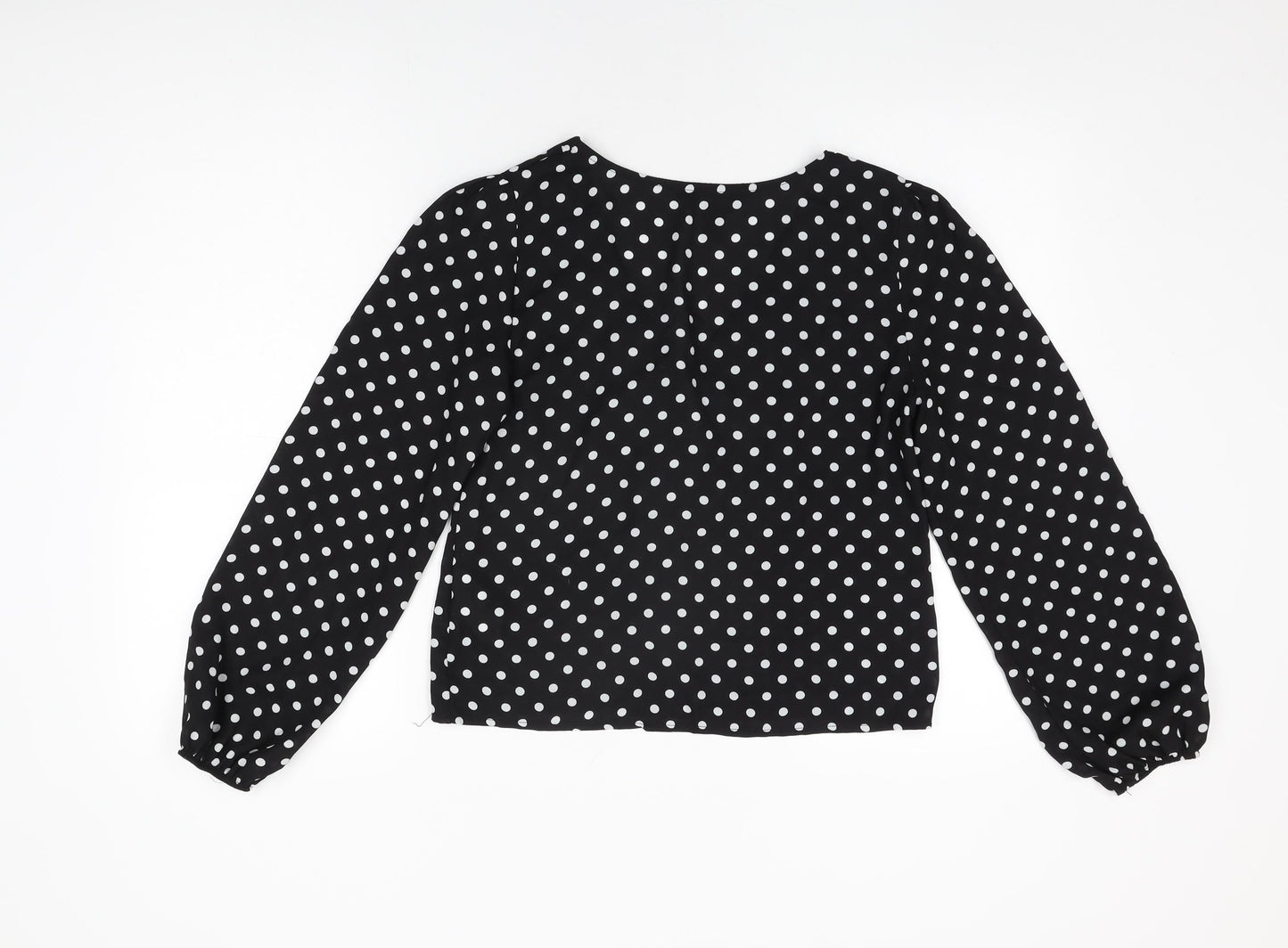 New Look Womens Black Polka Dot Polyester Basic Button-Up Size 8 V-Neck
