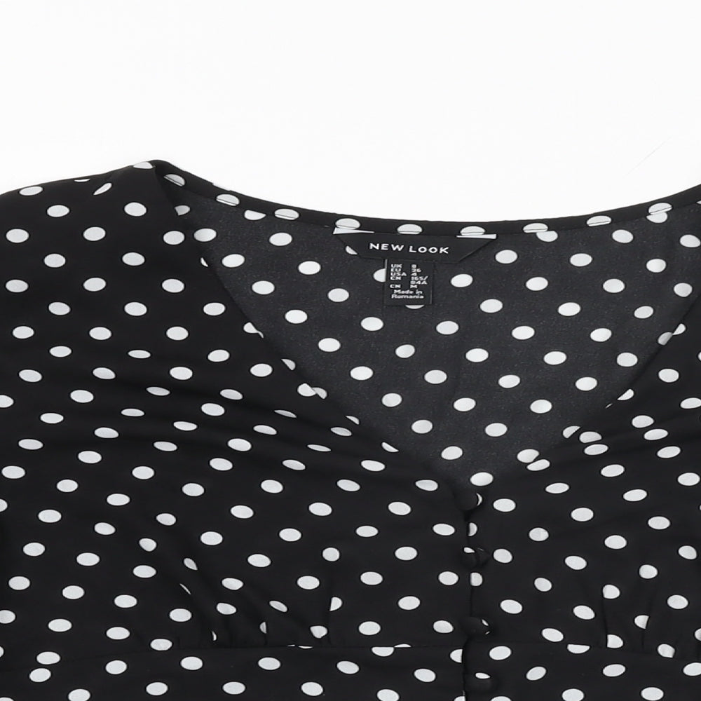 New Look Womens Black Polka Dot Polyester Basic Button-Up Size 8 V-Neck