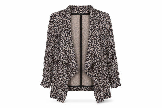 Front view of Miss Selfridge women’s beige animal print jacket blazer, size UK 8