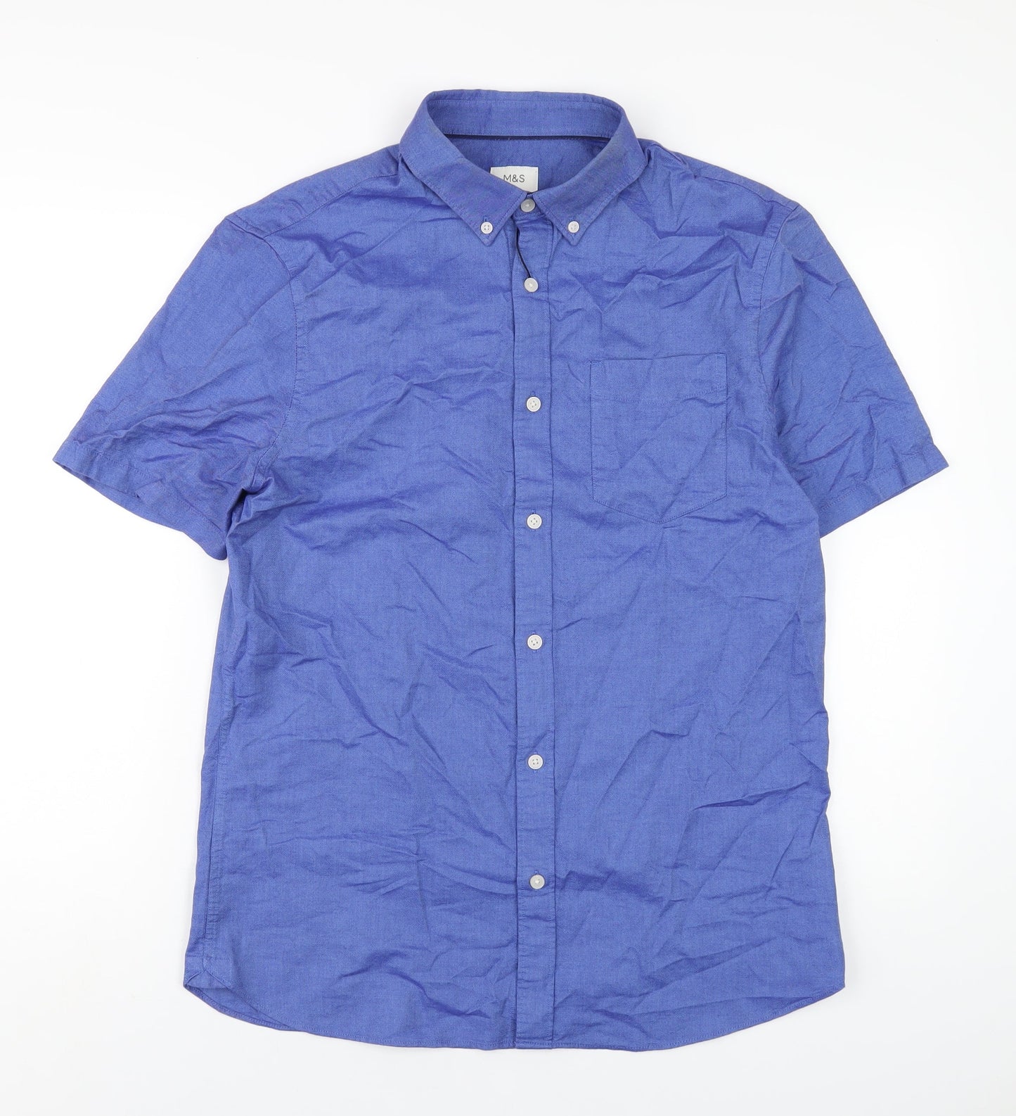 Marks and Spencer Mens Blue Cotton Button-Up Size M Collared Button