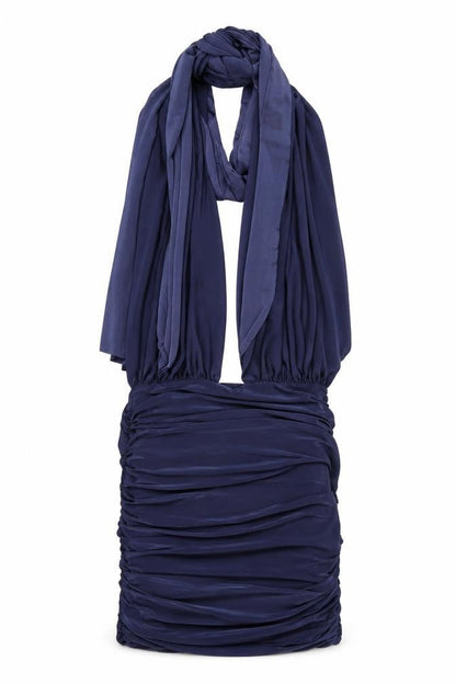 Front view of Missguided women’s blue polyester bodycon, size UK 8, halter tie