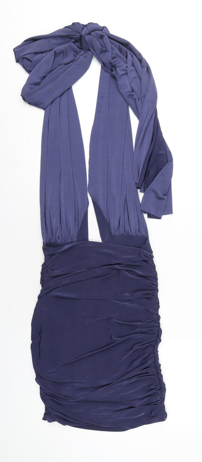 Back view of Missguided women’s blue polyester bodycon, size UK 8, halter tie