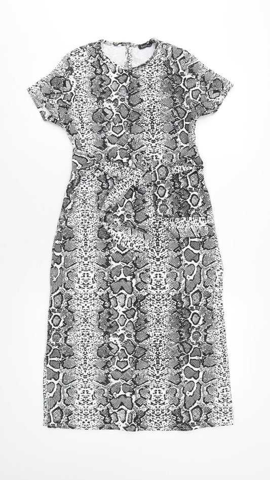 Boohoo Womens Black Animal Print Polyester A-Line Size 8 Round Neck Button