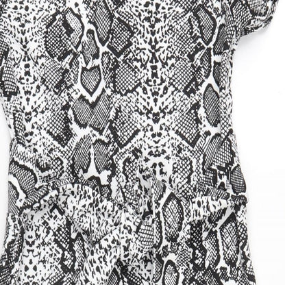 Boohoo Womens Black Animal Print Polyester A-Line Size 8 Round Neck Button