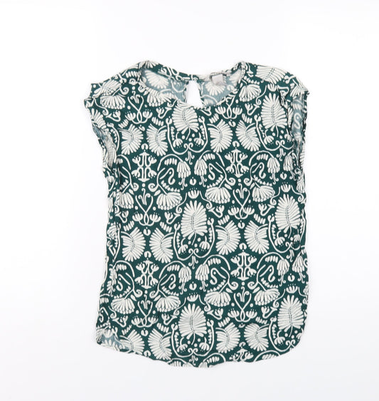 H&M Womens Green Geometric Viscose Basic T-Shirt Size 4 Round Neck