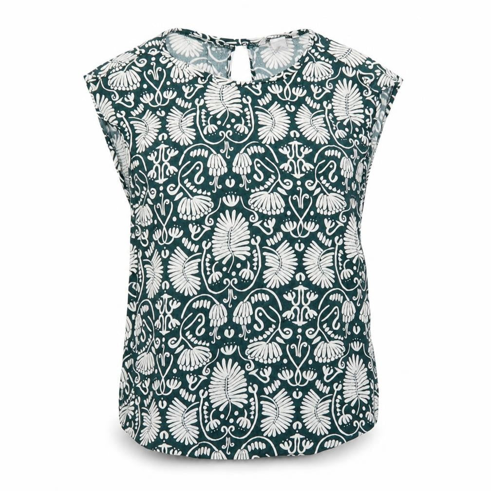 H&M Womens Green Geometric Viscose Basic T-Shirt Size 4 Round Neck