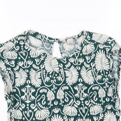 H&M Womens Green Geometric Viscose Basic T-Shirt Size 4 Round Neck