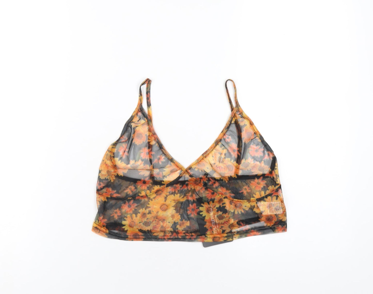 PRETTYLITTLETHING Womens Orange Floral Polyester Cropped T-Shirt Size 14 V-Neck