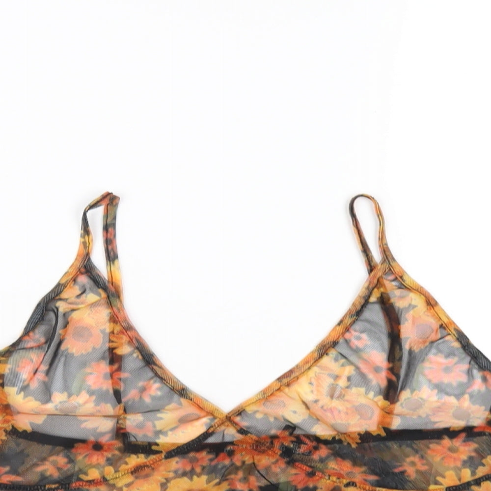PRETTYLITTLETHING Womens Orange Floral Polyester Cropped T-Shirt Size 14 V-Neck