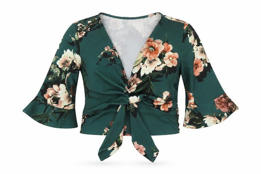 New Look Womens Green Floral Polyester Cropped T-Shirt Size 8 V-Neck