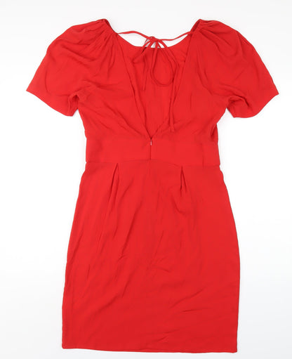Back view of ASOS women’s red polyester a-line, size UK 12, scoop neck zip