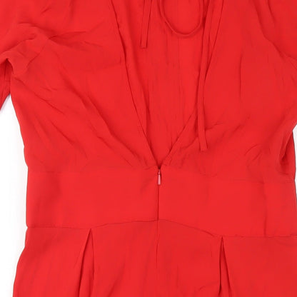 Brand and care label for ASOS women’s red polyester a-line, size UK 12, scoop neck zip