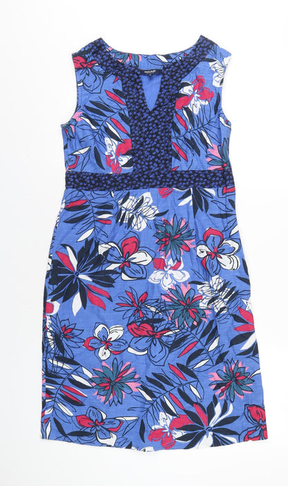 Additional front view of Maine New England women’s blue floral cotton a-line, size UK 10, v-neck pullover