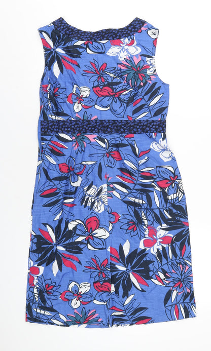 Back view of Maine New England women’s blue floral cotton a-line, size UK 10, v-neck pullover
