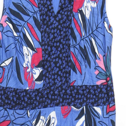 Close-up detail of Maine New England women’s blue floral cotton a-line, size UK 10, v-neck pullover
