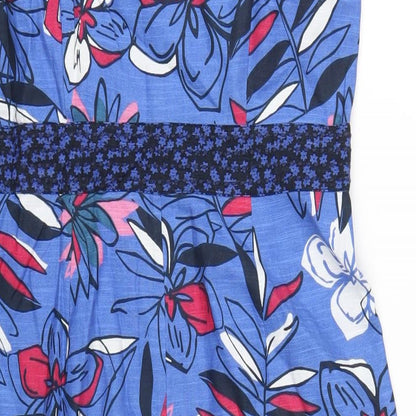 Brand and care label for Maine New England women’s blue floral cotton a-line, size UK 10, v-neck pullover
