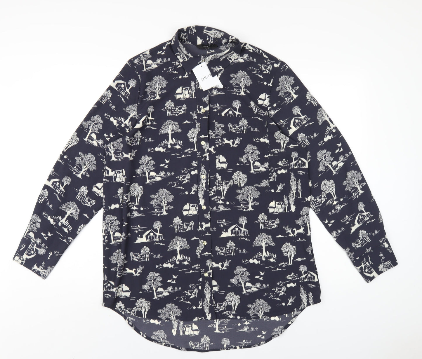 NEXT Womens Grey Geometric Polyester Basic Button-Up Size 8 Collared