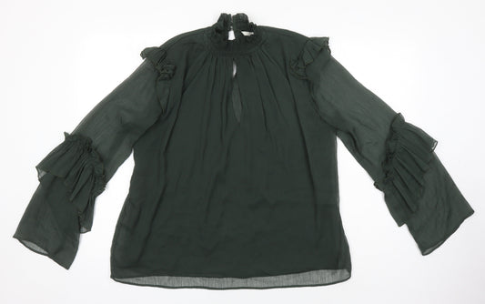 H&M Womens Green Herringbone Polyester Tunic Blouse Size 40 Collared