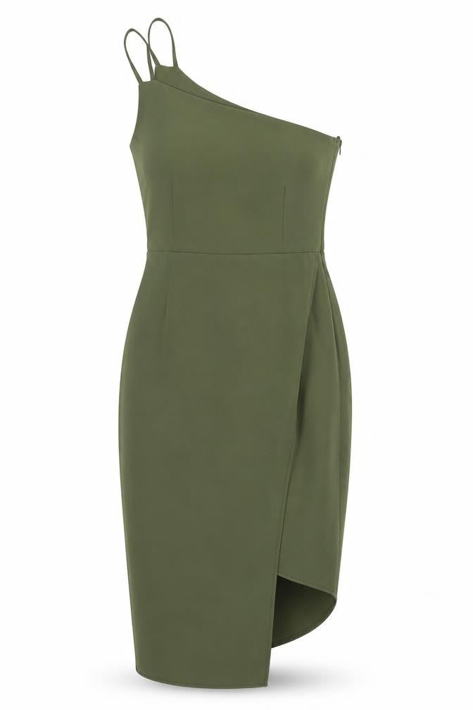 OML Womens Green Houndstooth Polyester Pencil Dress Size S One Shoulder Zip
