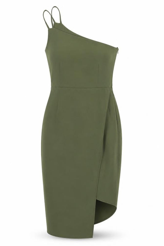 OML Womens Green Houndstooth Polyester Pencil Dress Size S One Shoulder Zip