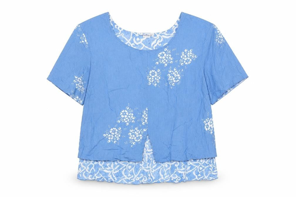 Atalis Womens Blue Geometric Viscose Basic Blouse Size L Round Neck - Layered