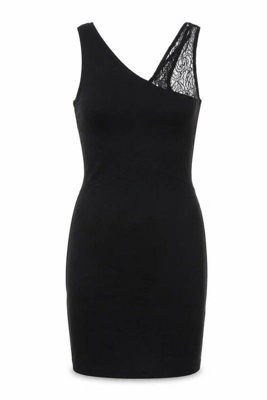 Front view of French Connection women’s black viscose bodycon, size UK 10, v-neck zip - lace detail