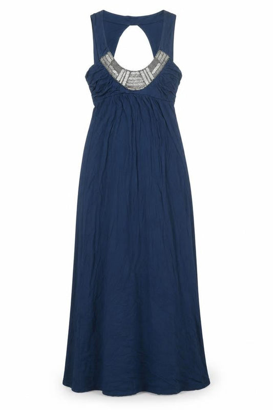 Warehouse Womens Blue Viscose Maxi Size 12 Scoop Neck Pullover - Beaded Neckline