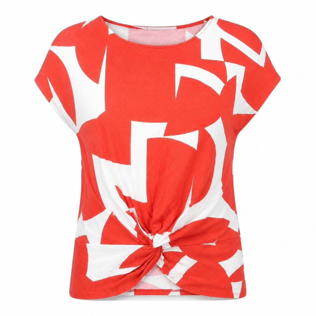 Phase Eigh Womens Red Geometric Viscose Basic Blouse Size 10 Round Neck - Twist Detail