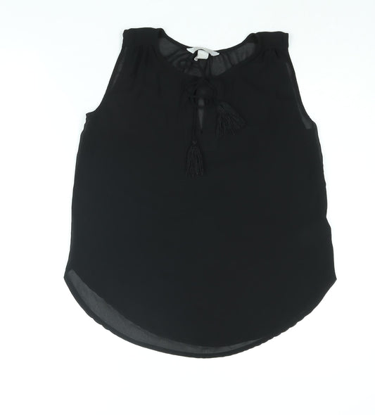 H&M Womens Black Polyester Camisole Blouse Size 6 Round Neck - Tassle Keyhole Neck