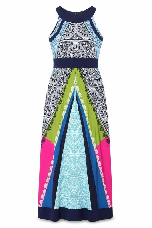 M&Co Womens Multicoloured Geometric Polyester Maxi Size 10 Round Neck Button