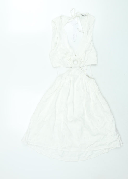 Berhska Womens White Cotton A-Line Size XS V-Neck Tie - Cut Out Embroidered