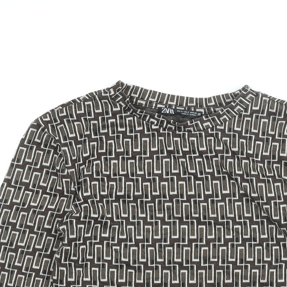 Zara Womens Brown Geometric Polyester Basic T-Shirt Size S Round Neck
