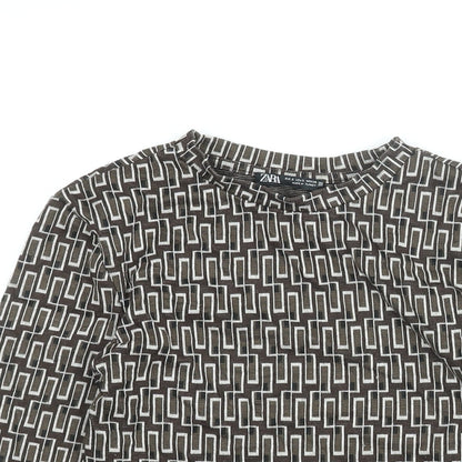 Zara Womens Brown Geometric Polyester Basic T-Shirt Size S Round Neck