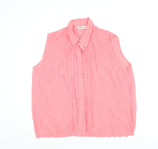 Bonmarché Womens Pink Polyester Basic Button-Up Size 16 Collared - Crinkle Look