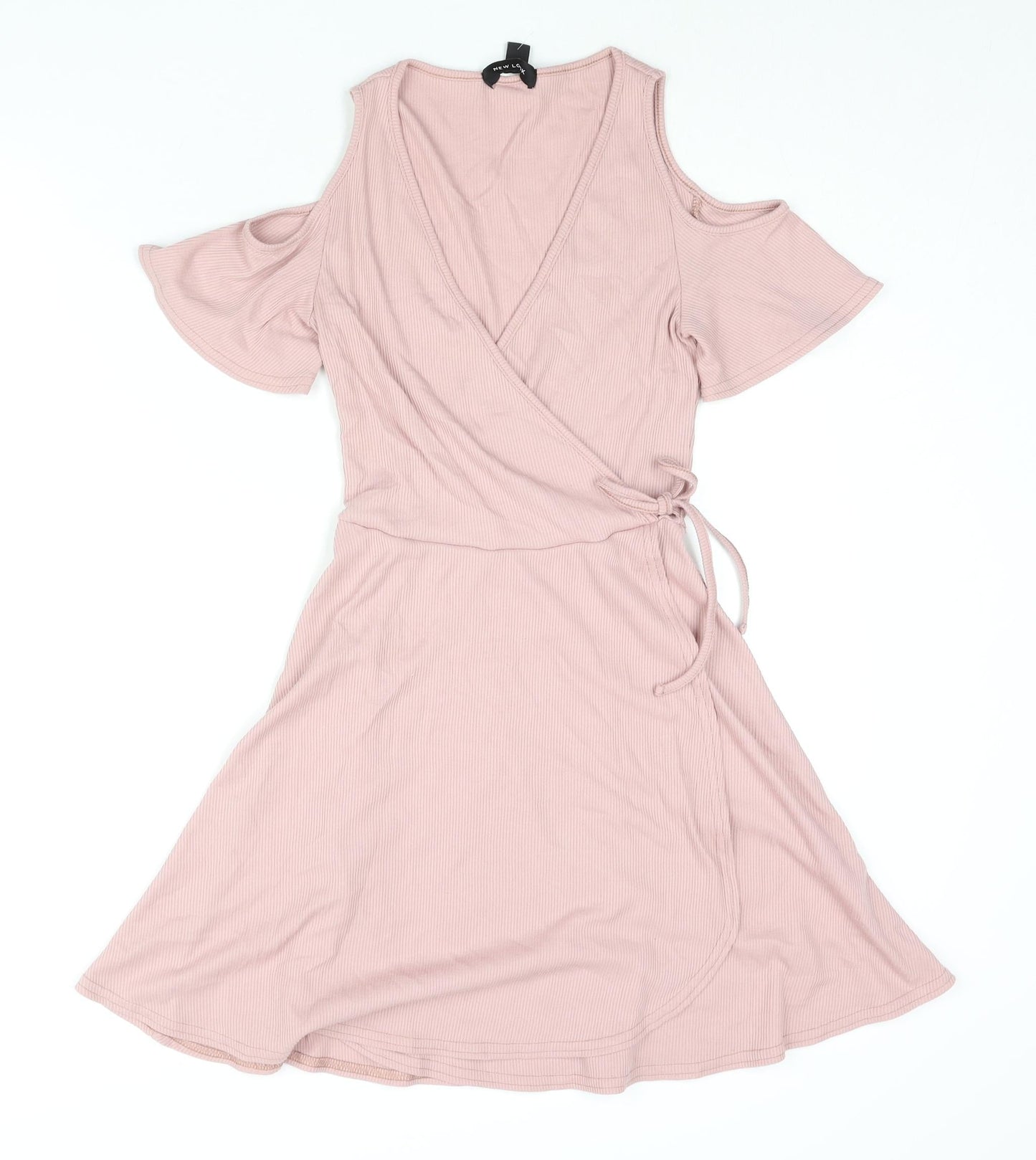 New Look Womens Pink Polyester Wrap Dress Size 8 Round Neck Tie - Cold Shoulder