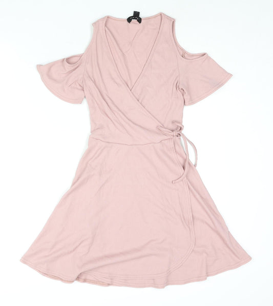 New Look Womens Pink Polyester Wrap Dress Size 8 Round Neck Tie - Cold Shoulder