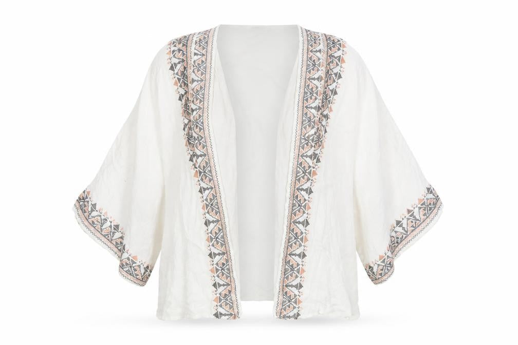Glamorous Womens White Cotton Kimono Blouse Size XS V-Neck - Embroidered