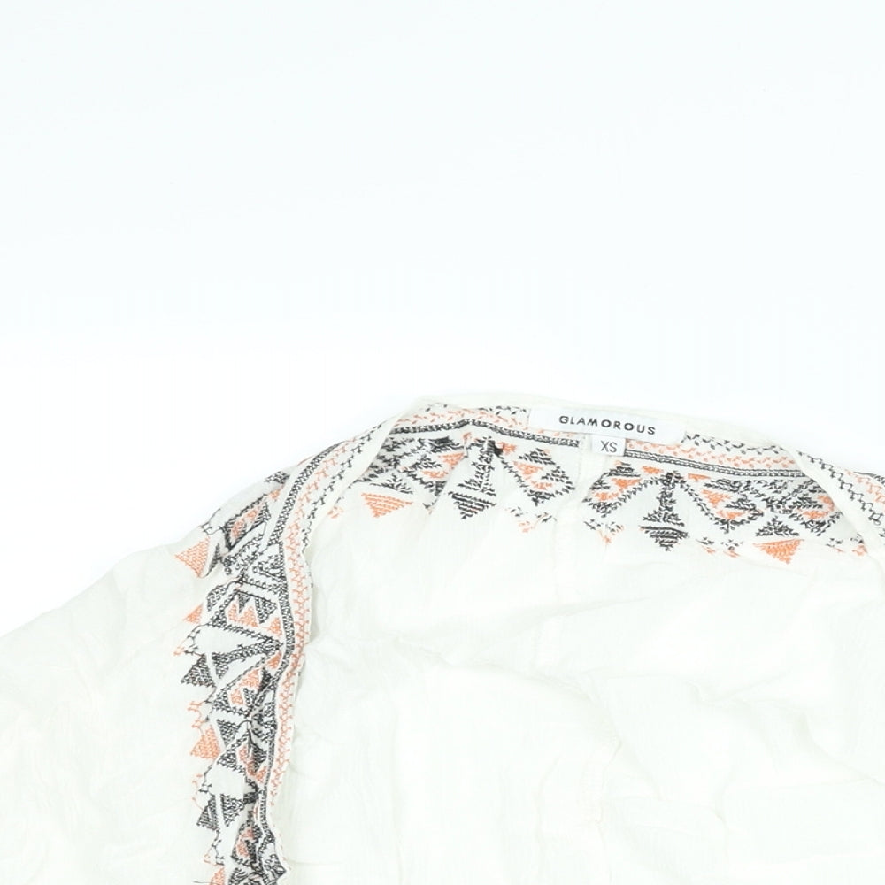 Glamorous Womens White Cotton Kimono Blouse Size XS V-Neck - Embroidered