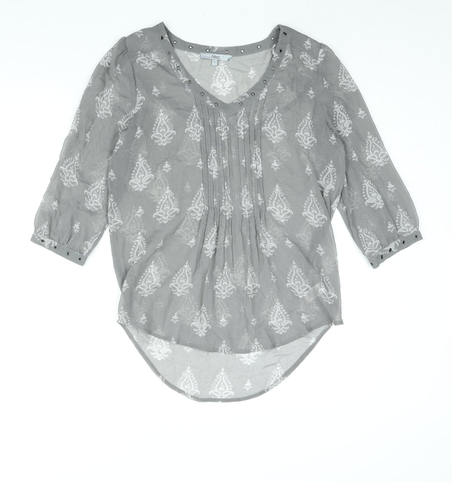 NEXT Womens Grey Geometric Polyester Basic Blouse Size 8 V-Neck - Eyelet Detail Semi Sheer