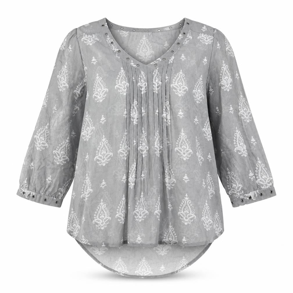 NEXT Womens Grey Geometric Polyester Basic Blouse Size 8 V-Neck - Eyelet Detail Semi Sheer