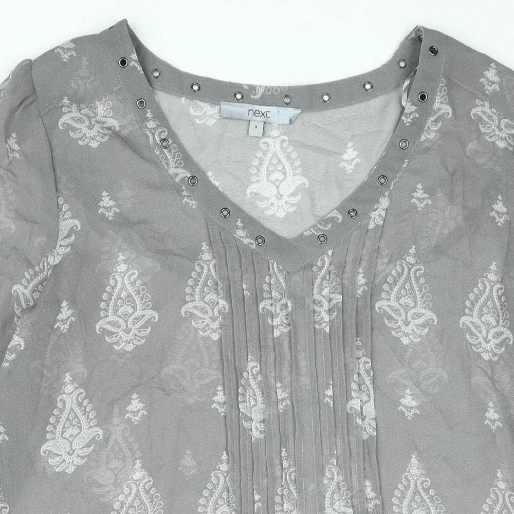 NEXT Womens Grey Geometric Polyester Basic Blouse Size 8 V-Neck - Eyelet Detail Semi Sheer