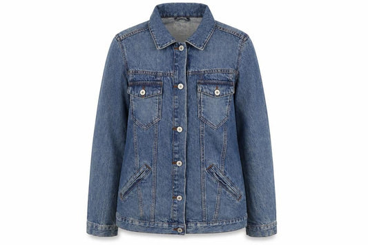 Front view of Denim & Co. women’s blue biker jacket, size UK 10, button