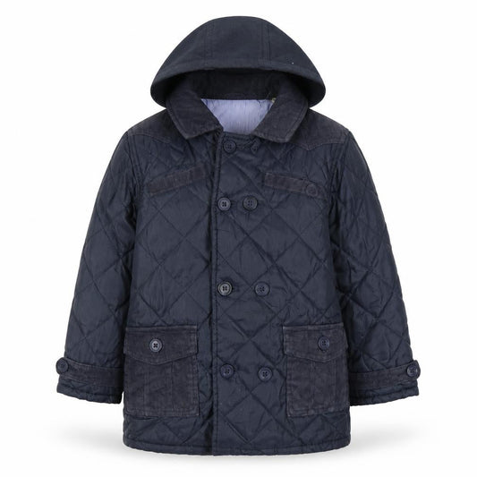 Front view of Hadleigh boys’ blue quilted coat, size 4-5, years button