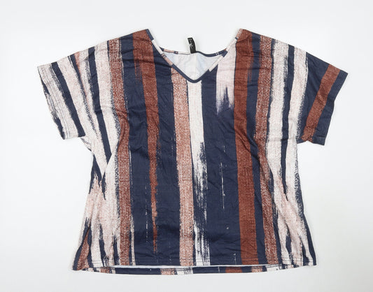 Noracora Womens Multicoloured Striped Polyester Basic T-Shirt Size XL V-Neck