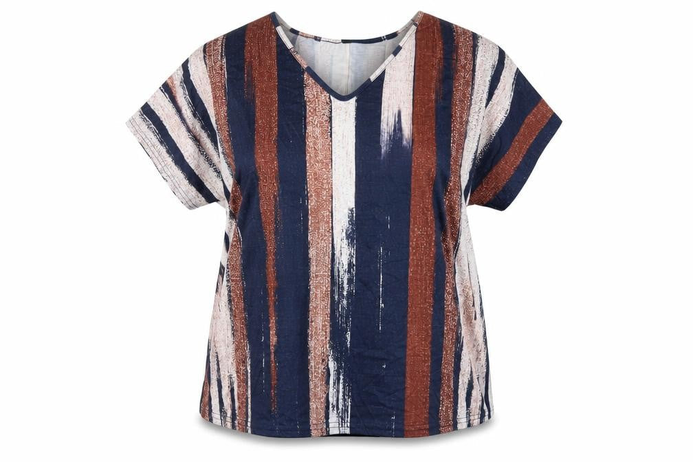 Noracora Womens Multicoloured Striped Polyester Basic T-Shirt Size XL V-Neck