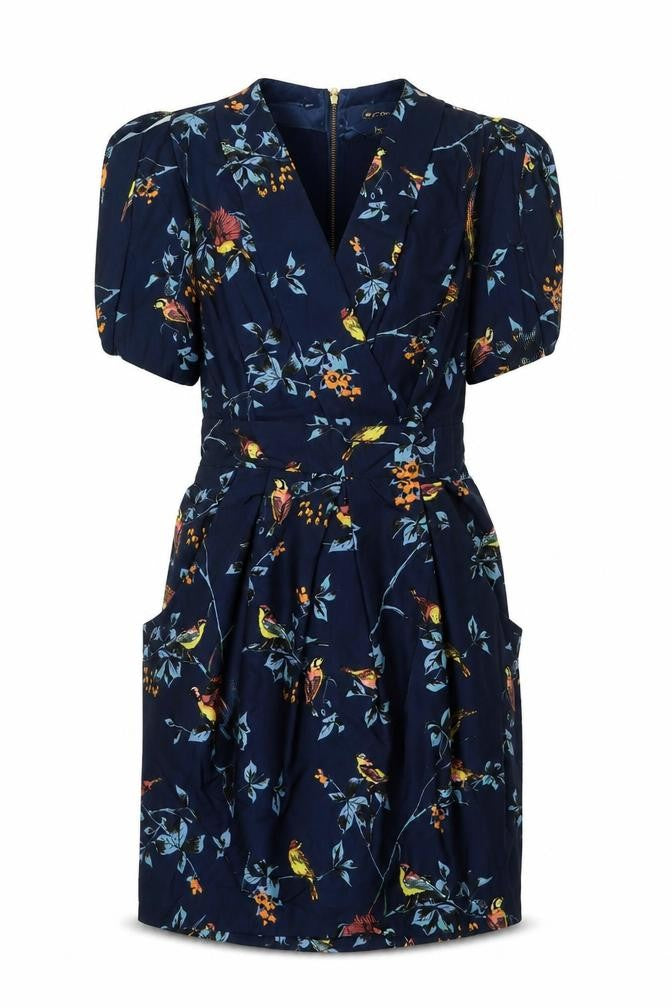 Closet Womens Blue Floral Polyester A-Line Size 12 V-Neck Zip