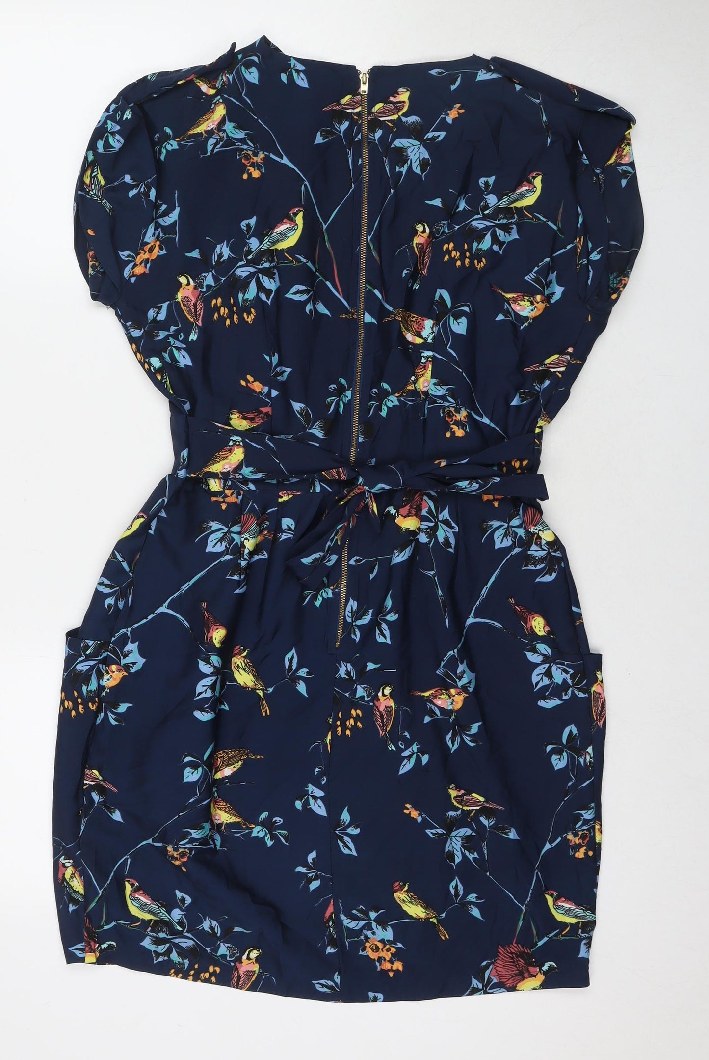 Closet Womens Blue Floral Polyester A-Line Size 12 V-Neck Zip