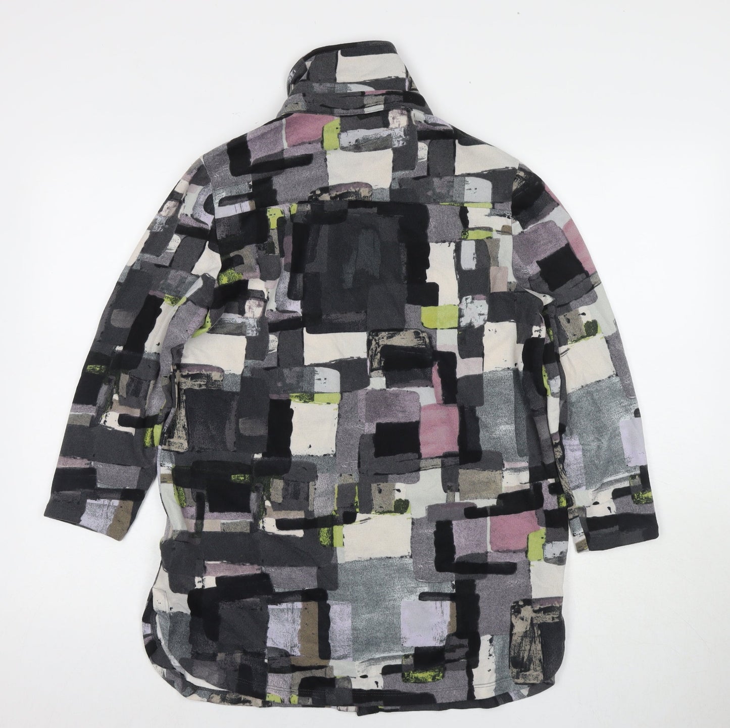 Nina Leonard Womens Green Geometric Polyester Basic Button-Up Size M Round Neck